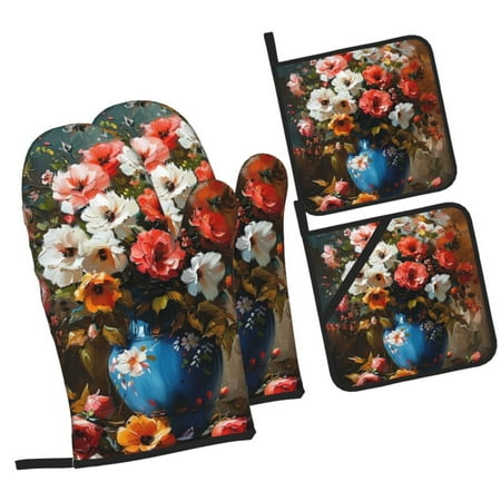 

Balery Elegant Floral Vase Painting Pattern Oven Mitts and Pot Holders 4 pcs Set Kitchen Oven Glove High Heat Resistant 500℉ Oven Mitts with Non-Slip Silicone Surface