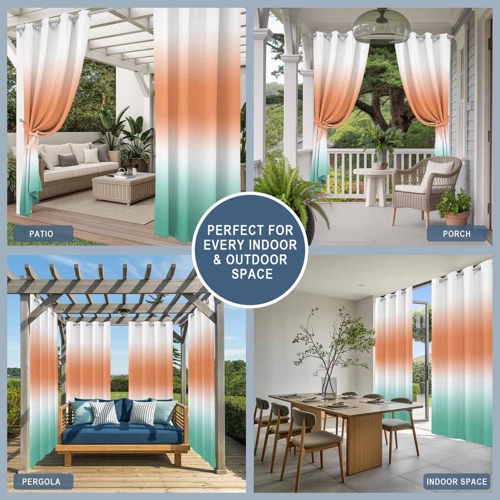 Orange and Teal Gradient Outdoor Curtains for Patio, Minimalist Orange Mint Ombre Modern Sunshade Privacy Drapes Grommet Waterproof Outside Curtains for Porch/Cabana/Balcony 54"x 108", 1 Panel