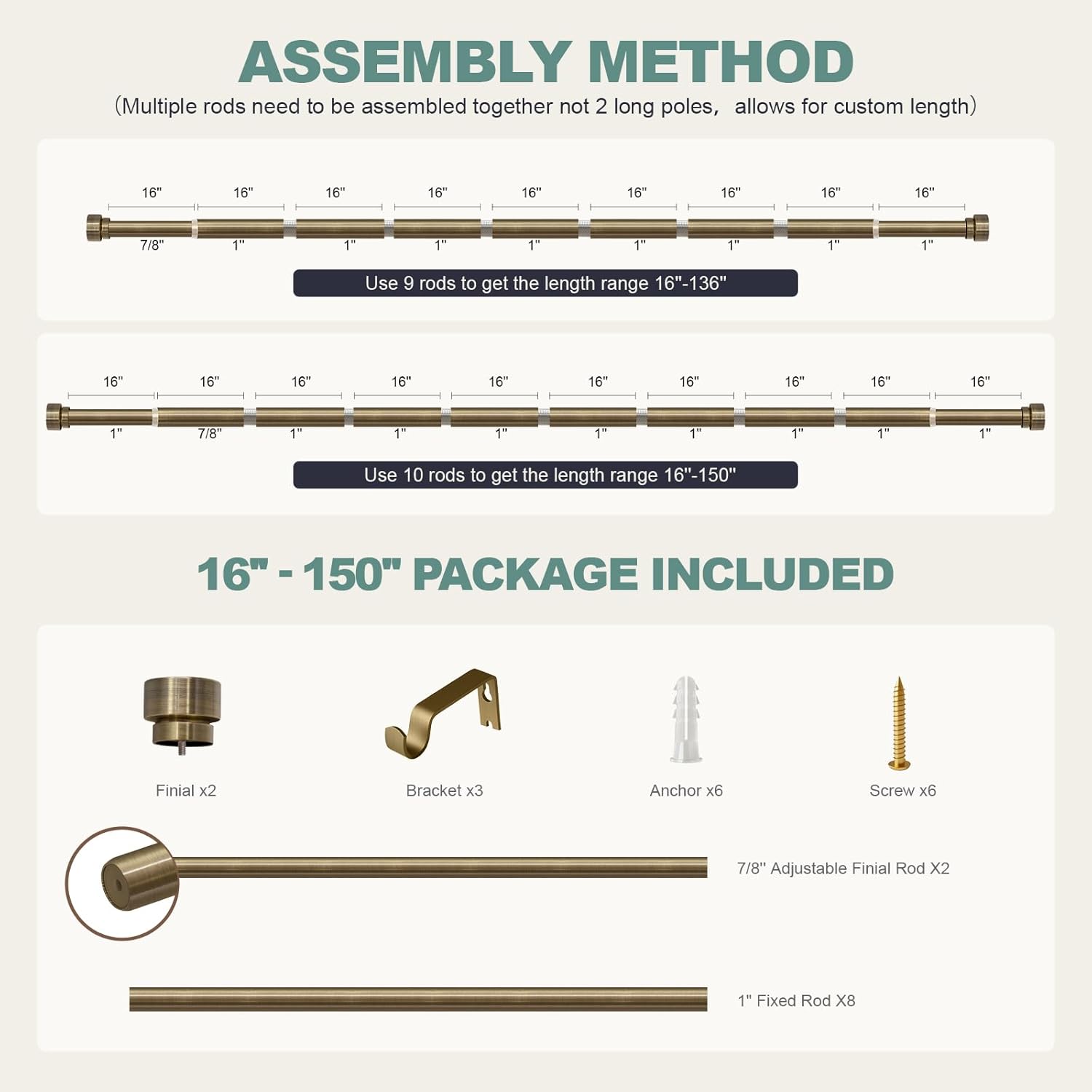 Antique Bronze Curtain Rods for Windows 72 to 144 Inches Adjustable Length Heavy Duty 1" Diameter Window Curtain Rod with Solid Metal Finials for Outdoor Farmhouse Bedroom Kitchen Living Room