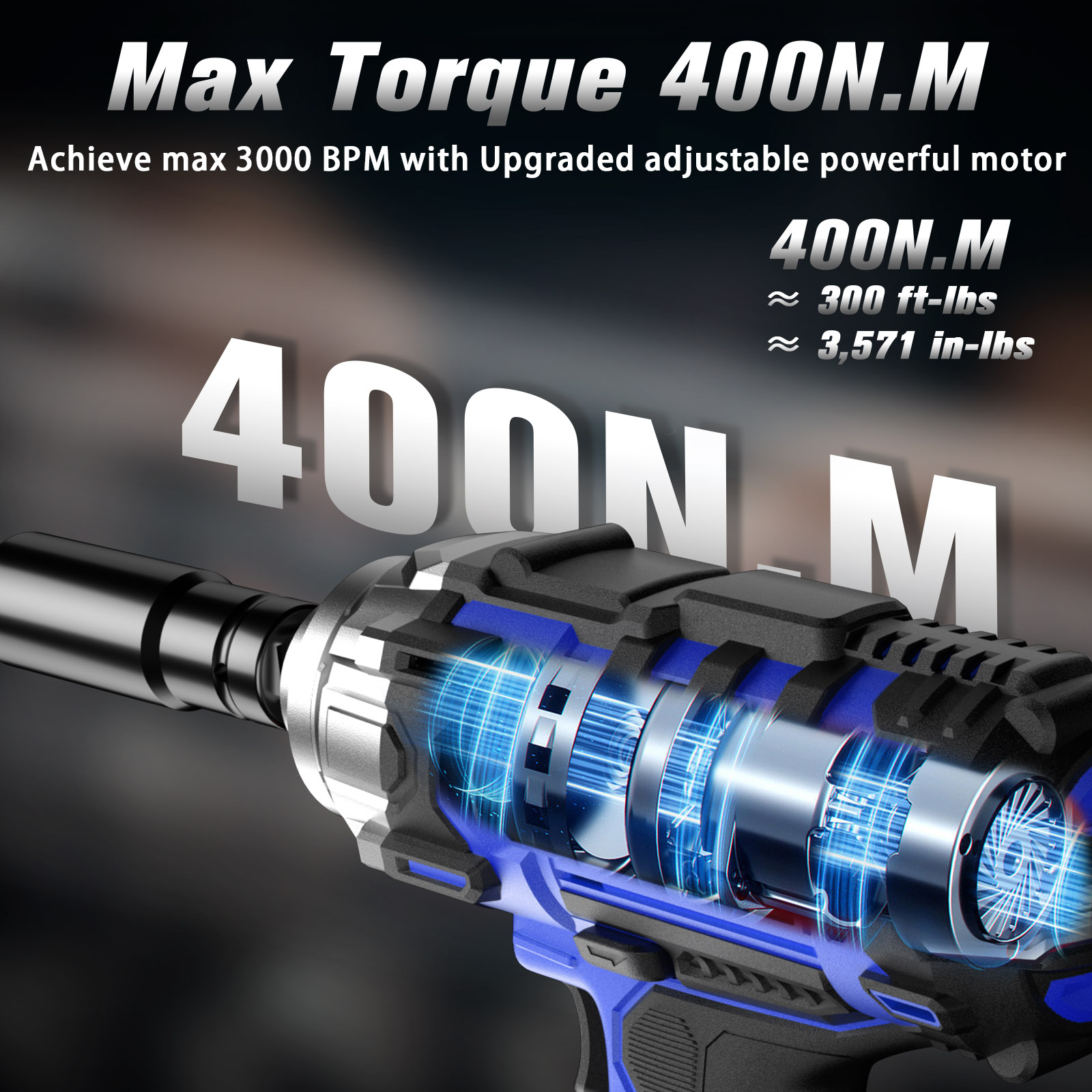 20V Cordless Impact Wrench/Driver, 1/2＂ 400 N·m High Torque 2300 RPM, Brushless with 5 Modes & LED. Kit with 3.0Ah Battery, Fast Charger, 4 Sockets for Automotive and DIY Repair (Blue)