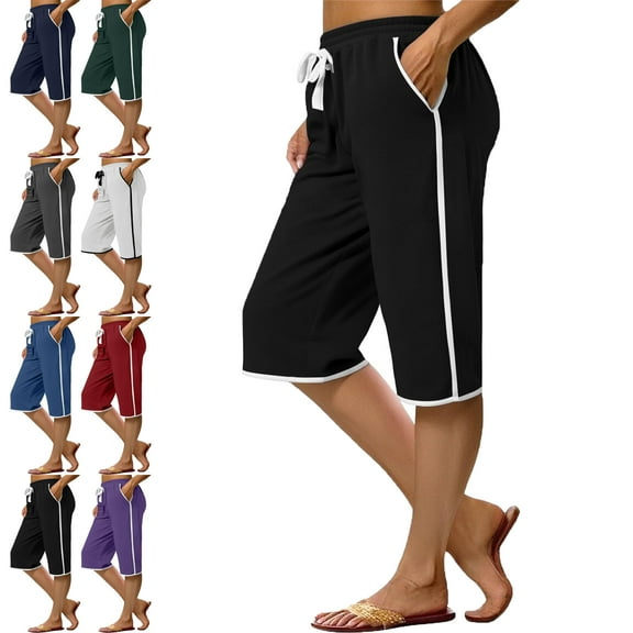 Womens Capri Pants Womens Shorts Black 8(L) Trousers Solid Color Ladies Stretch Belt Pants Pockets Shorts Pants Fashion Women Pants Capri Pants for Women