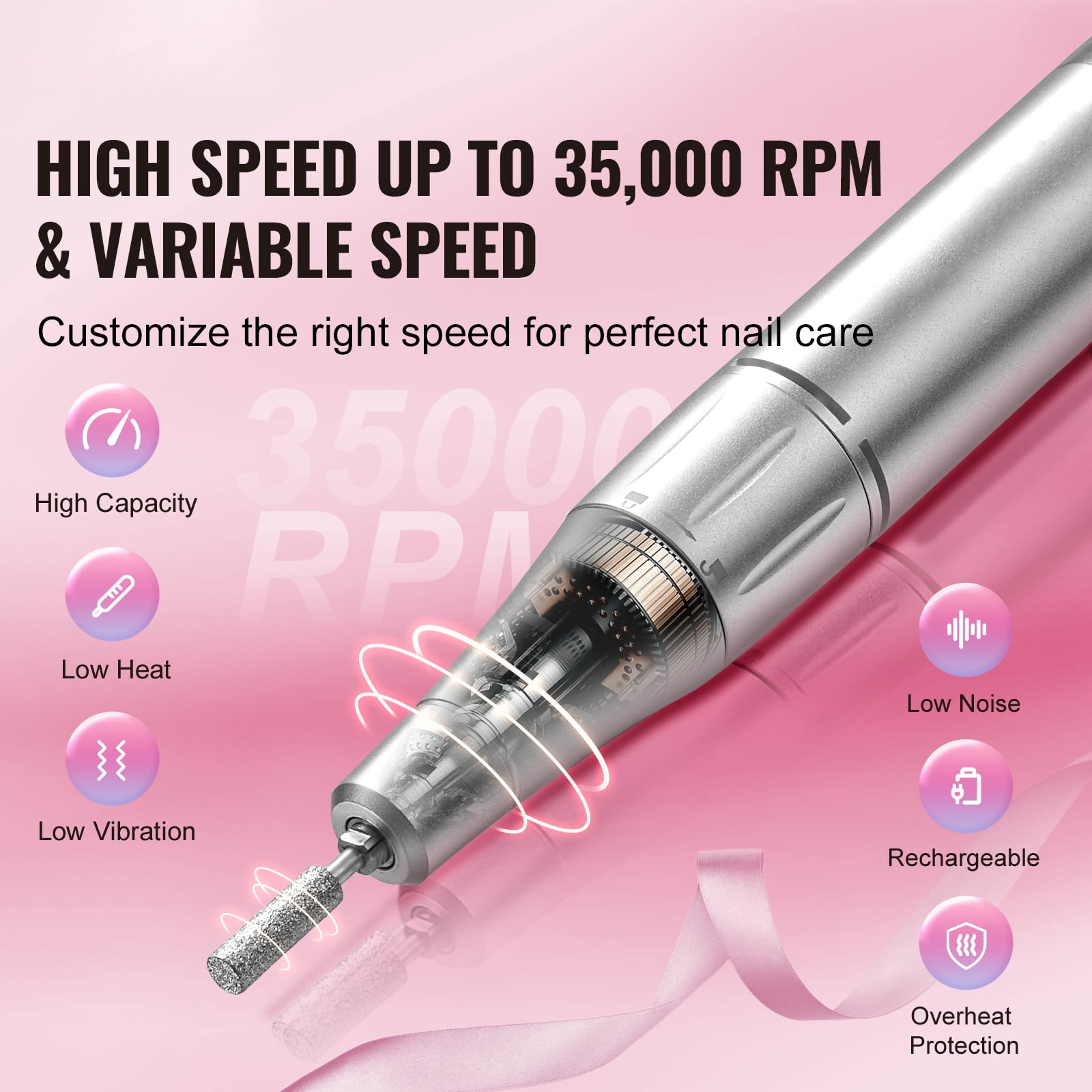KFFKFF Cordless Electric Nail Drill, 35,000RPM, Portable E File Device with LCD Screen, Acrylic & Gel Nail Grinder Kit, Includes 6 Attachments & 50 Sanding Bands for Nail Art, Carving & Polishing