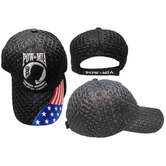 POW MIA Patriotic USA American Flag Textured Mesh Black Embroidered Cap Hat