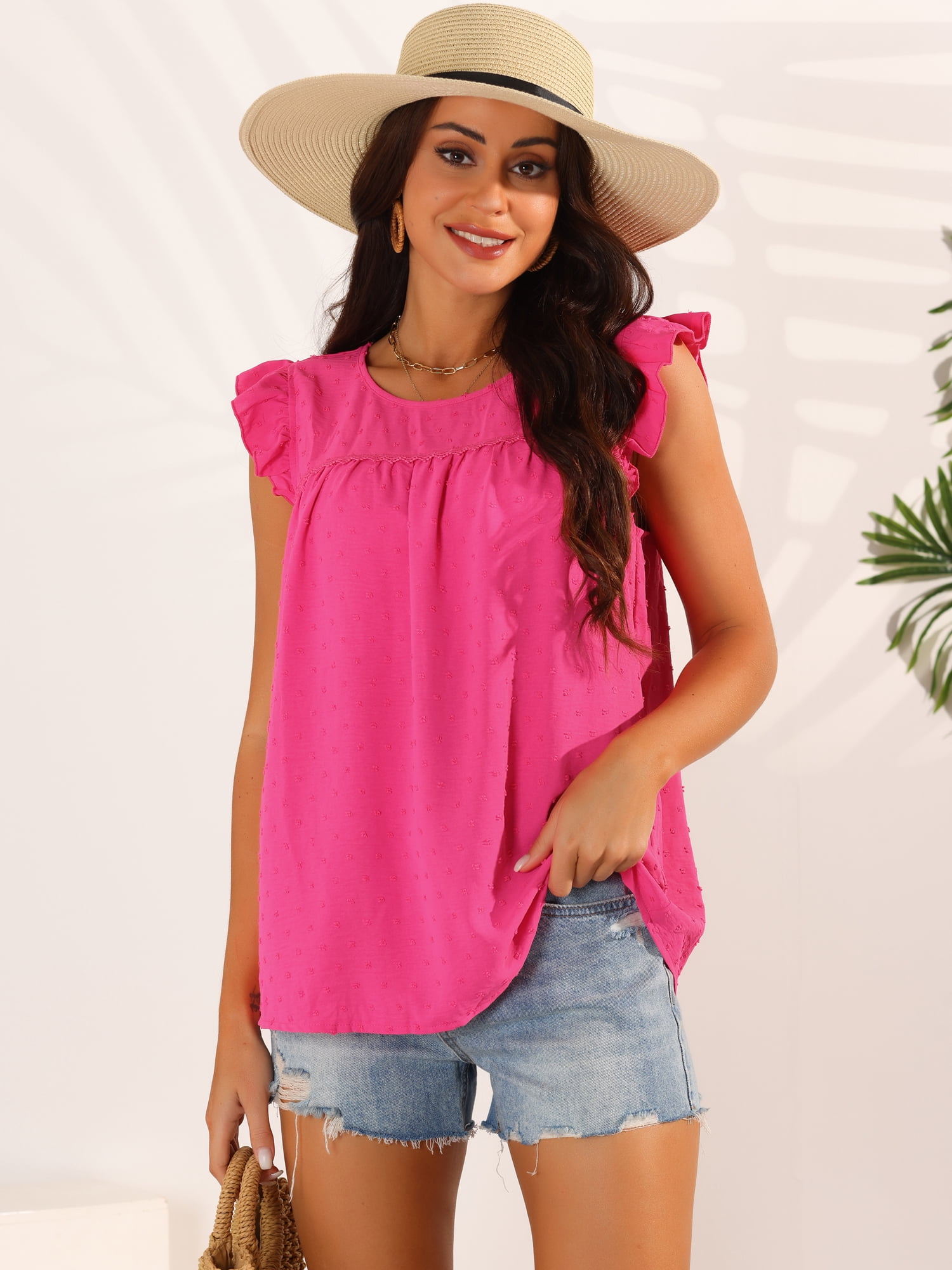 DARING DIVA Women's Swiss Dots Ruffle Sleeveless Crewneck Blouse Shirt S Hot Pink
