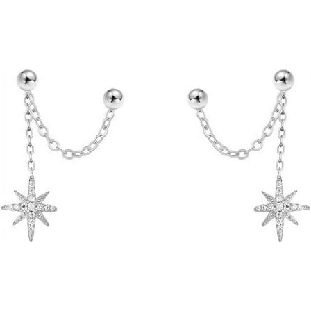 Star Chain 925 Sterling Silver Earrings for Women Hypoallergenic CZ Double Piercing Studs Tassel Dangle Drop Fashion Chic Jewelry