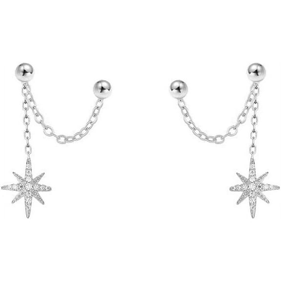 Star Chain 925 Sterling Silver Earrings for Women Hypoallergenic CZ Double Piercing Studs Tassel Dangle Drop Fashion Chic Jewelry