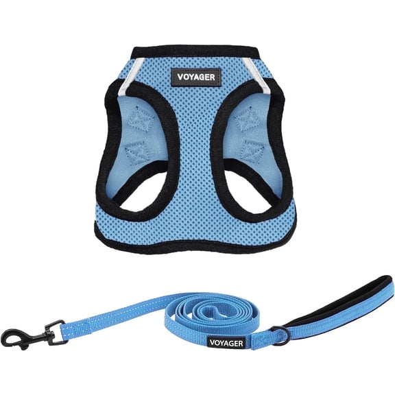 Voyager Step-in Air All Weather Mesh Harness and Reflective Dog 5 ft Leash Combo with Neoprene Handle, for Small, Medium and Large Breed Puppies - Baby Blue/Black Trim, Medium