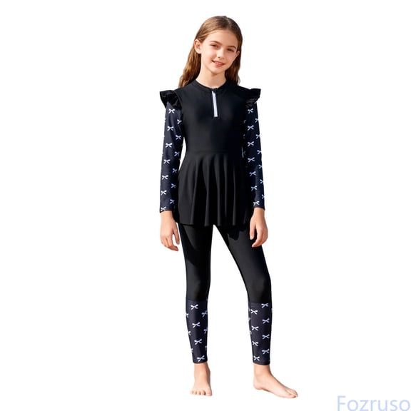 Fozruso Girls Long Sleeve Swimwear Two Piece Rash Guard Swimsuit With Skirt Athletic Swim Dress 2 Piece Bathing Suit Sizes 10-11 Years