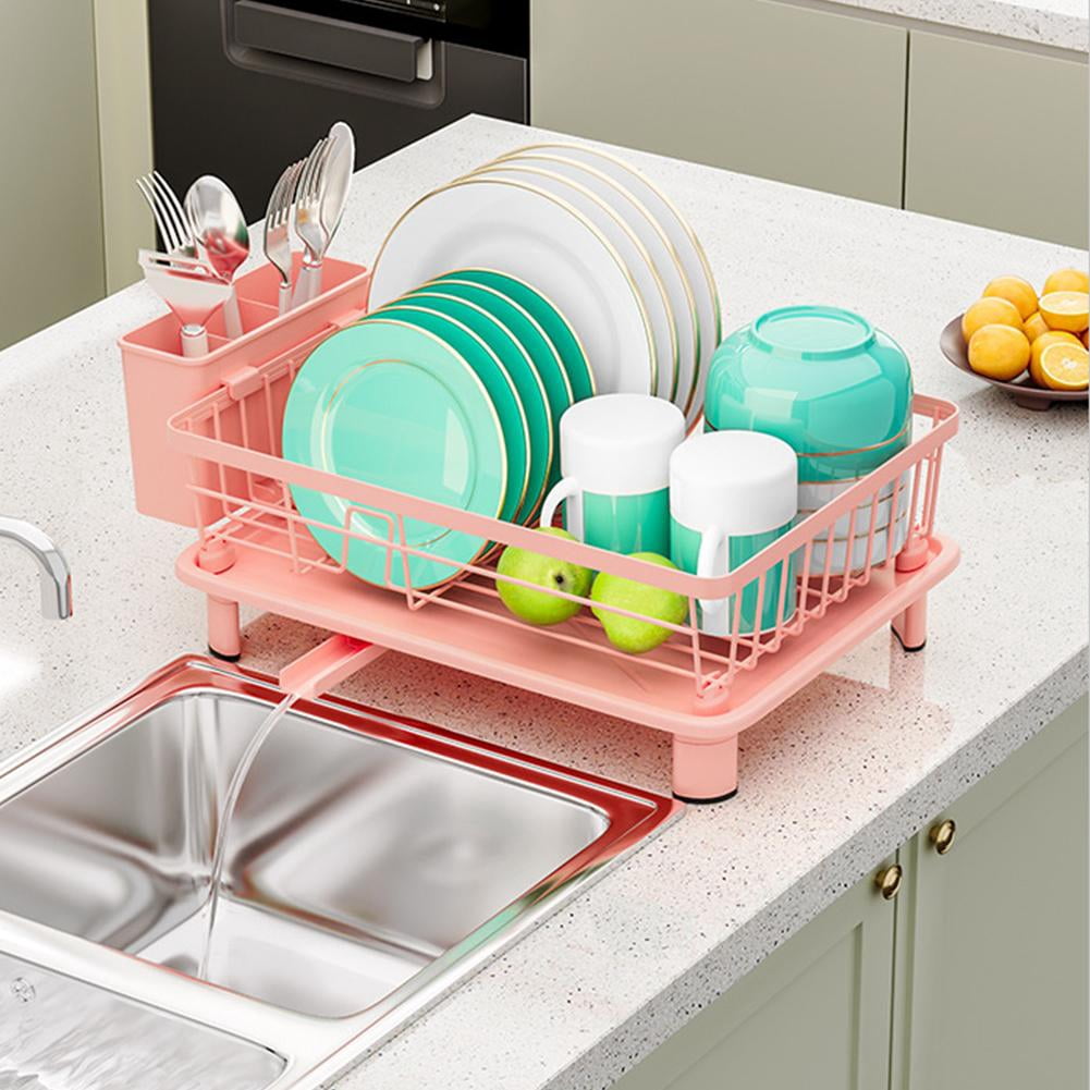 QHUDLV Pink Dish Drying Rack, Dish Drainer Rack with Drip Tray, Sink Dish Drainer with Drainage Spout, Stainless Steel Dish Drying Rack with Cups, for Mom Grandma Wife Kitchen Enthusiasts