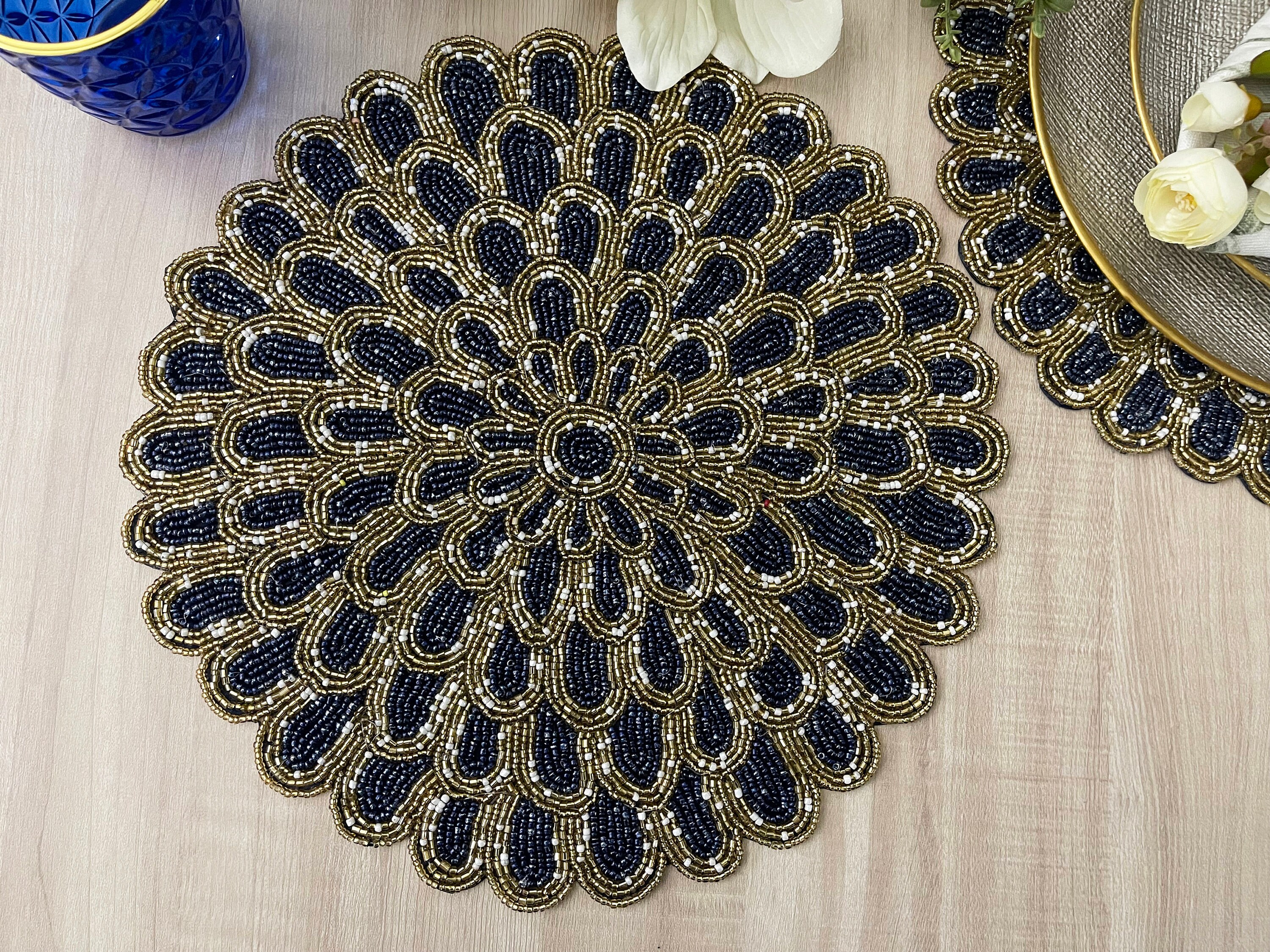 Set of 6, Handmade placemat, beaded round table placemat, Navy blue gold, 14 inch