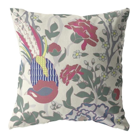 20 in. Pink & Sage Peacock Indoor & Outdoor Throw Pillow, Burgundy & White