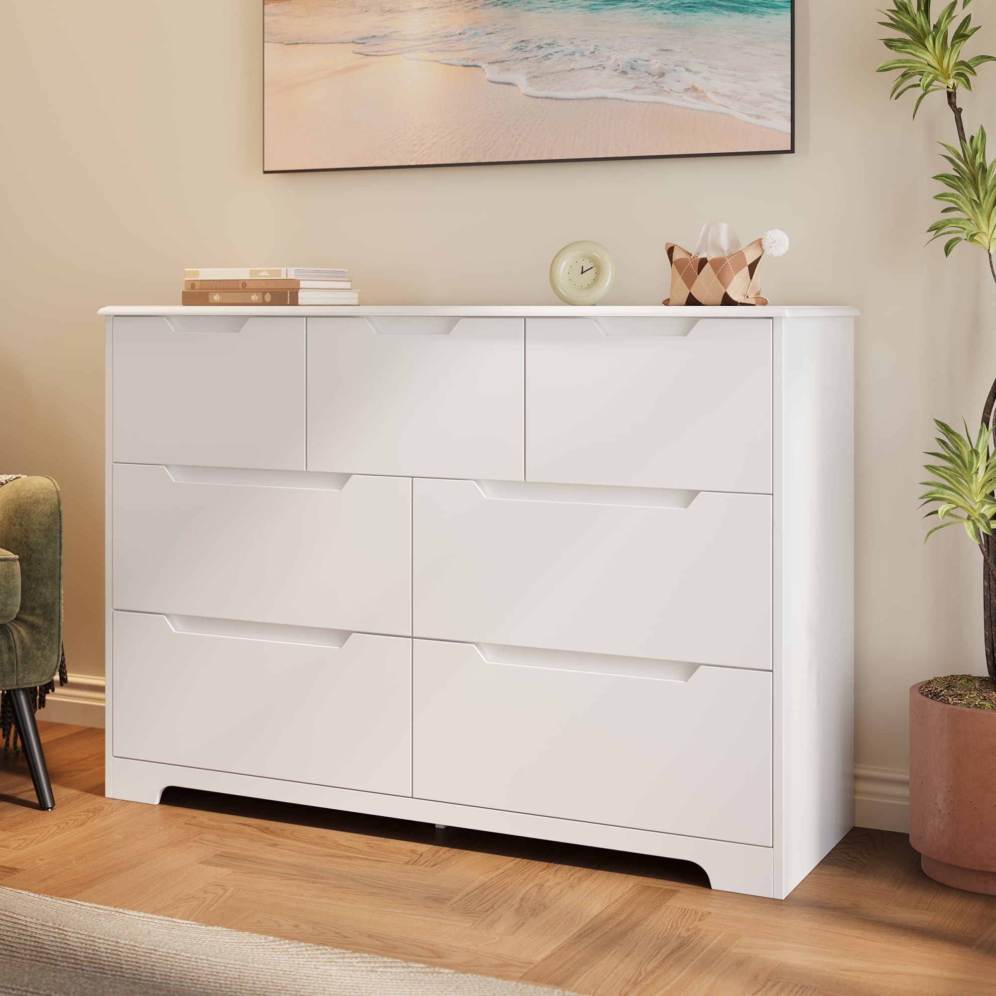 47" Wide Modern Dresser, Lofka 7-Drawer Storage with Thick Top & 14" Deep Drawers (3 Small + 4 Large), Smooth Glide, No-Handle Design, Easy Assembly, Anti-Tip