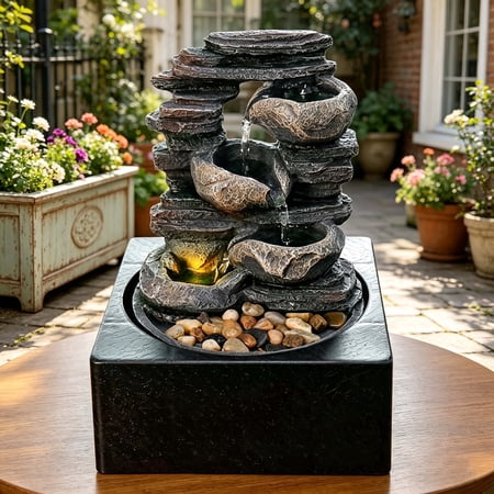 Jinhuoba 4-Tier LED Rockery Waterfall Fountain with River Rocks – Zen Outdoor Garden Decor