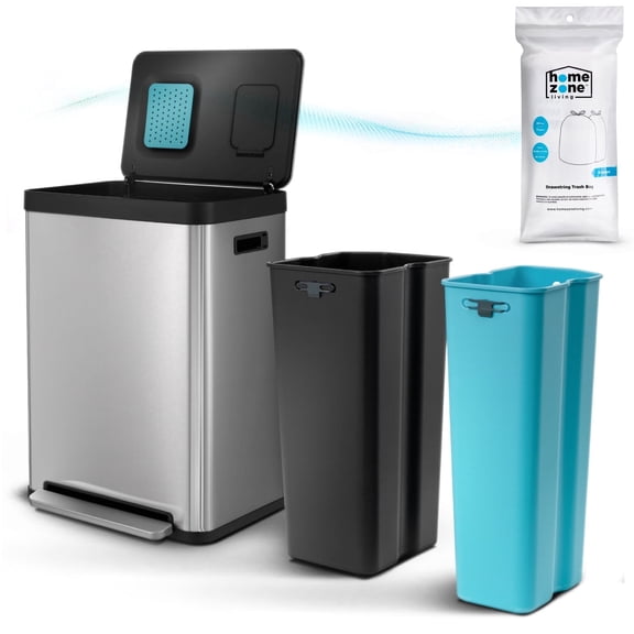 Home Zone Living 19 Gallon Dual Compartment Kitchen Trash Can with CleanAura Odor Control and Recycling Flap, Stainless Steel, Silver