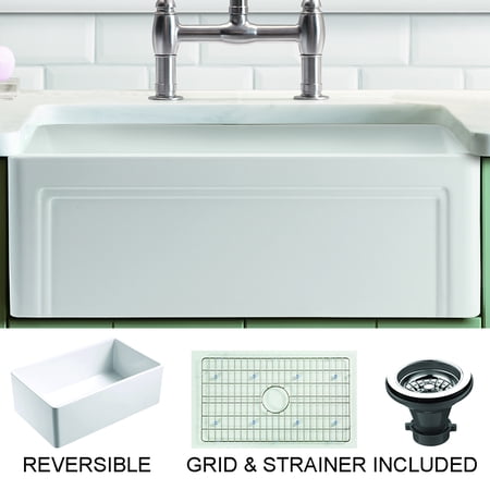 Olde London Farmhouse Fireclay 30" Kitchen Sink with Grid and Strainer in White