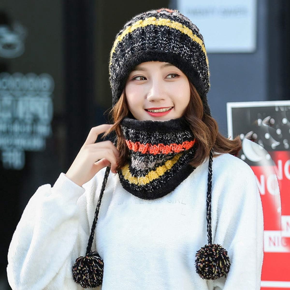 Zhengup Women Winter Beanie Hat Circle Scarf Set Pompoms Peruvian Ski Snow Ear Flaps Sherpa Knit Hats Fleece Lined,S to M Size Head