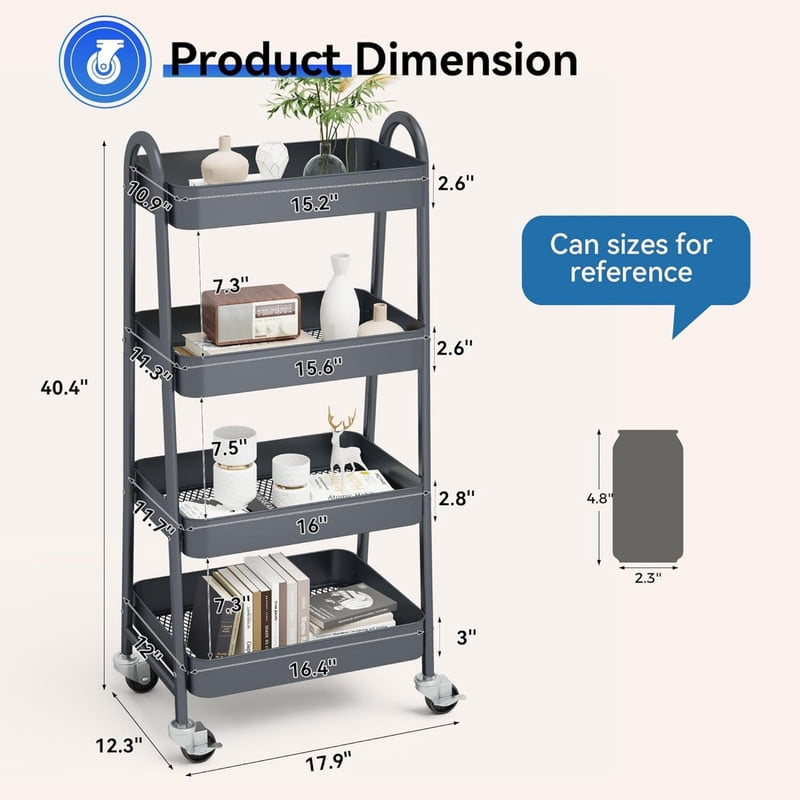Kelno 4 Tier Rolling Cart Metal Utility Storage Cart Mobile Storage Organizer with Lockable Wheels, Gray