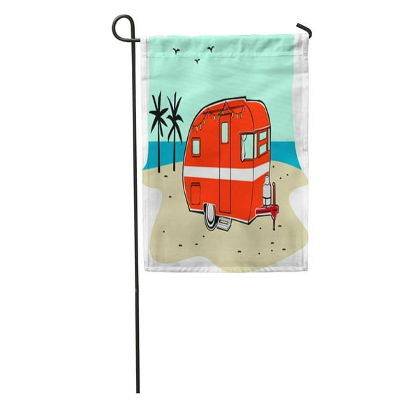 NUDECOR Blue Retro Happy Hippie Vintage Tiki Beach Travel Trailer Red Garden Flag Decorative Flag House Banner 28x40 inch
