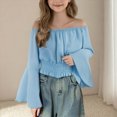 thumbnail image 2 of Baby Girl Clothes Long Sleeve Shirts for Girls Crop clothes Off Shoulder Bell Sleeve Loose Plain for Summer Party Blue 14-15 Years, 2 of 5