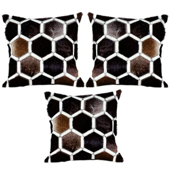 Hilason Set Of 3 Cowhide Leather Hair-On Patchwork Cushion Pillow Cover 16 X 16
