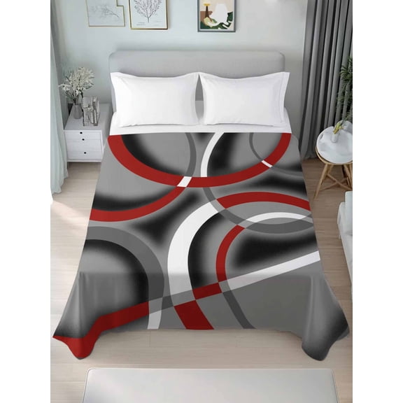 Grey Geometric Full Size Flat Sheet, Wrinkleproof & Fadeproof Cooling Flat Bed Sheet Only, Modern Abstract Black White Red Striped Breathable Soft Bedding Top Sheets 81 x 96 Inches