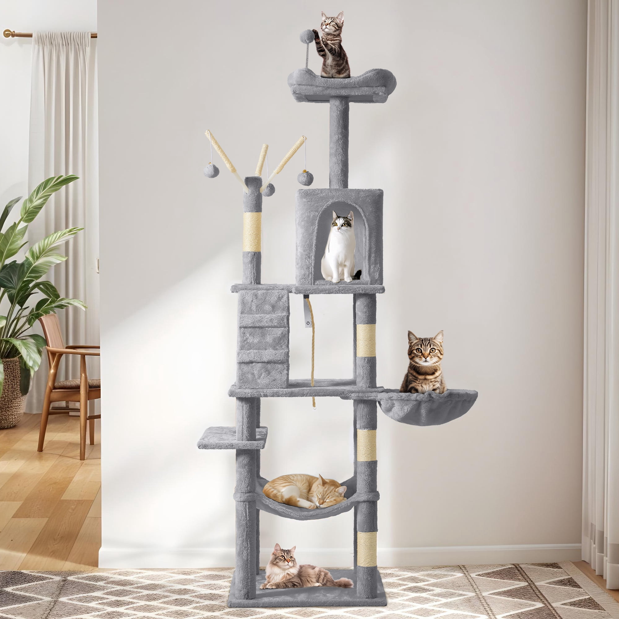 Uforic 64.5" Cat Tree Tower,Multi-Level Play Tower Condo  with Scratching Posts&Perch Hammock for Indoor Cats, Light Gray