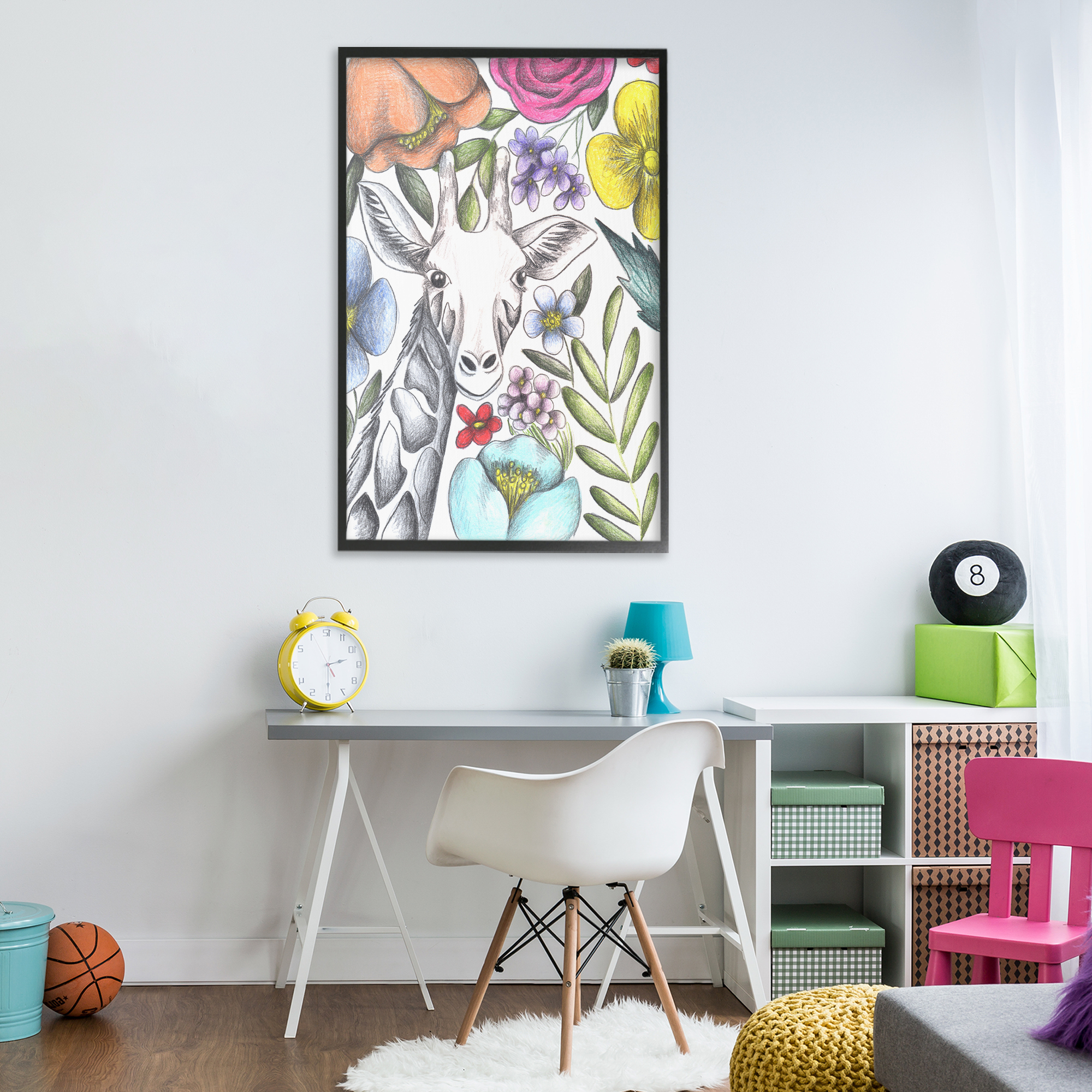 Giraffe In The Midst of Flowers Black Framed Giclee Art, design by Cecilia Battaini