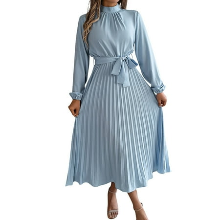 Zhensanguo Long Formal Dress for Women Long Sleeve Casual Pleated Spring Dress 2025 Mock Neck Fall Dress Tie Waist Midi Dresses with Belt Light Blue L