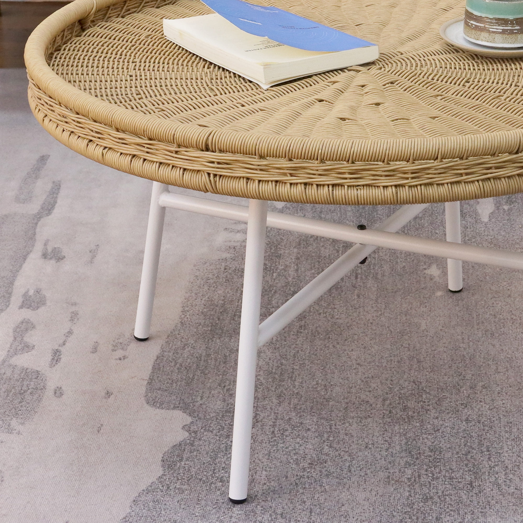 Abble Diameter 29.9 in. x H 17.7 in. Outdoor & Indoor Use Natural Color Wicker Round End Table with Matte White Metal Legs