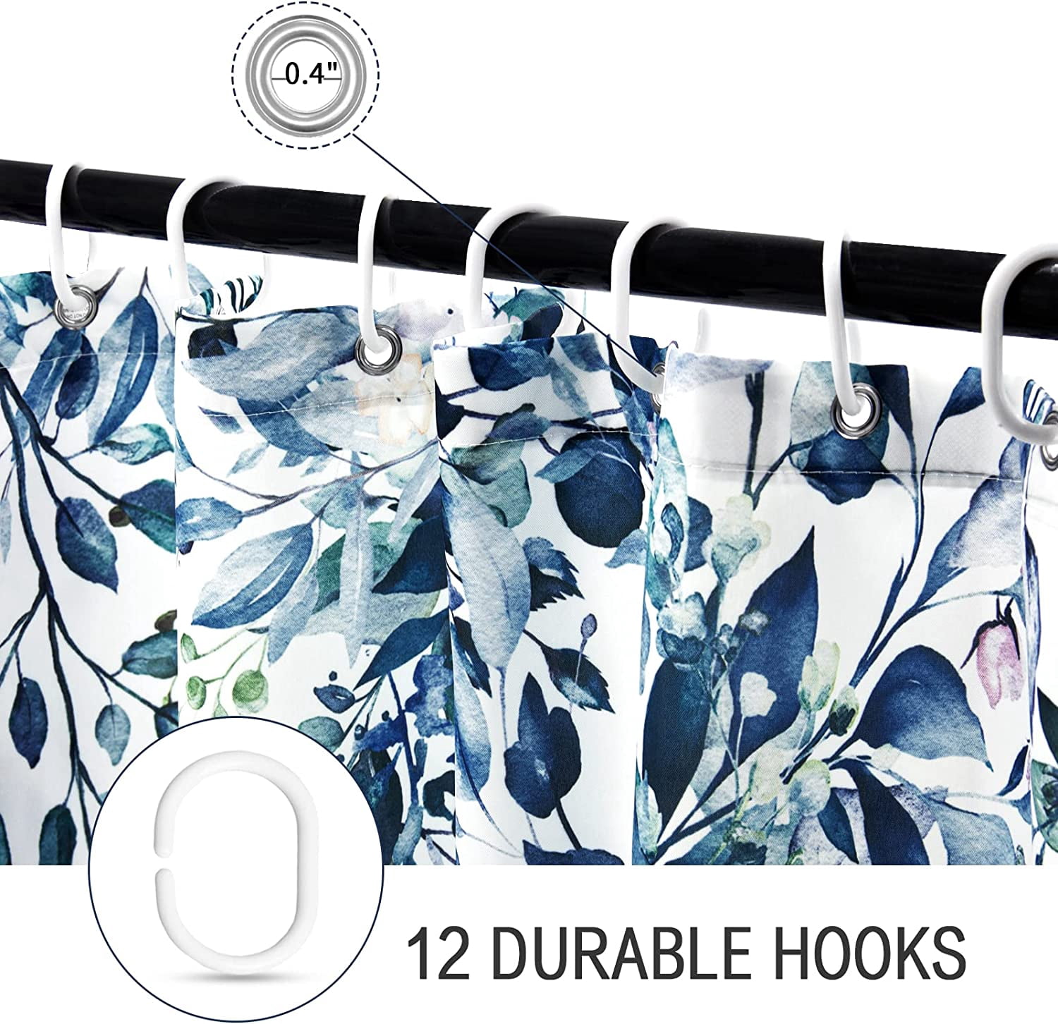 Extra Long Shower Curtain 72 x 84, Blue Floral Shower Curtain for Bathroom, Watercolor Plant Eucalyptus Leaves Fabric Shower Curtain Set with Hooks
