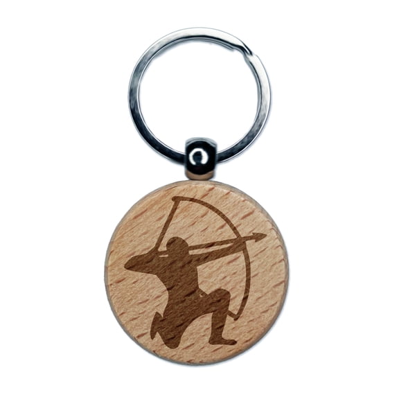 Archer Kneeling with Bow Drawn Archery Round Keychain Charm Tag - Engraved Wood