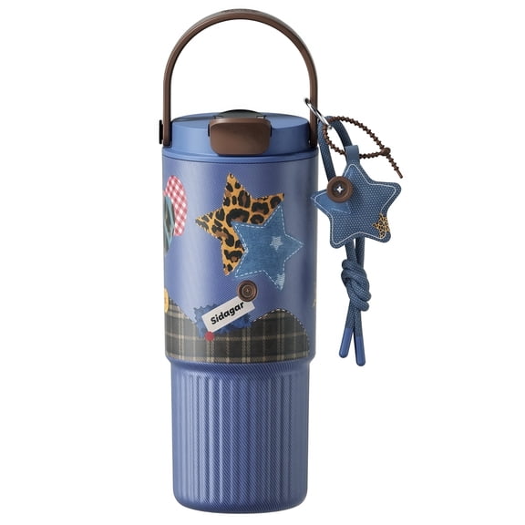 Sidagar 26 fl oz Stainless Steel Insulated Water Bottle with Handle, Leakproof Straw Lid, Denim Blue