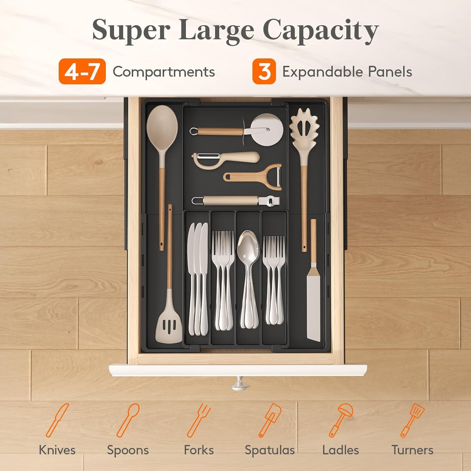 Silverware Drawer Organizer, Expandable Utensil Tray for Kitchen, BPA Free Flatware and Cutlery Holder, Adjustable Plastic Storage for Spoons Forks Knives, 4-7 Slots, Black