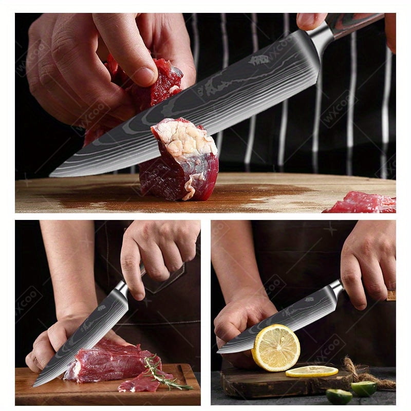 WXCOO 3 Pcs,Kitchen Chef Knife Set, High Carbon Stainless Steel Damascus Drawing Gyuto Cleaver Set Slicer Santoku Knife Chef Knife Vegetable Knife Meat Cleaver Utility Knife Professional Boning Knife