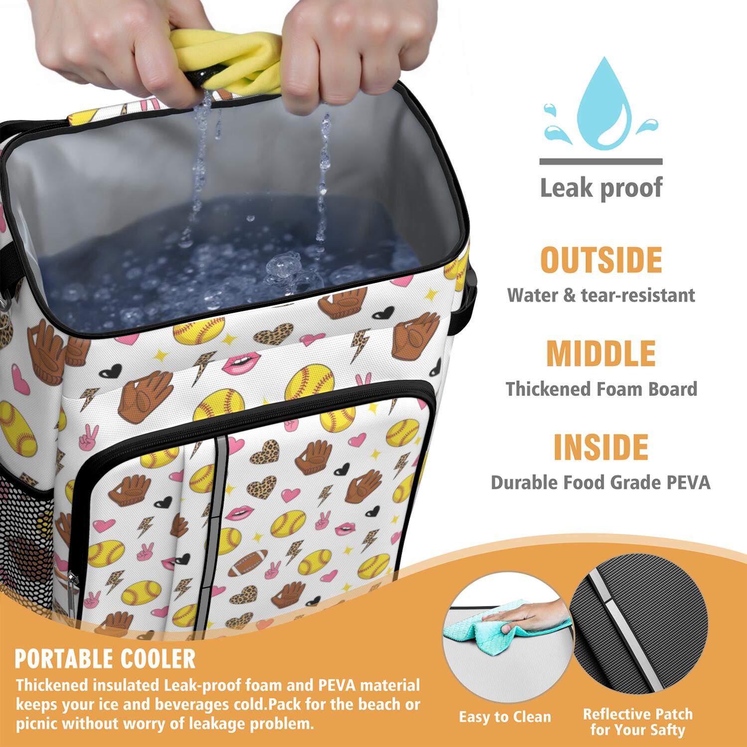 Travel Cooler Bag - Colorful Softball and Fashion Icons Pattern Camping Beer Cooler Backpack with Bottle Opener- Waterproof Insulated Picnic Backpacks - Cooler Bag for Beach