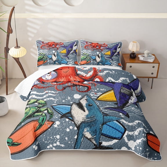 Erosebridal Cartoon Shark Animal Twin Quilt Set for Boys Men, Graffiti Surf Print Twin Coverlet Set, 2pcs