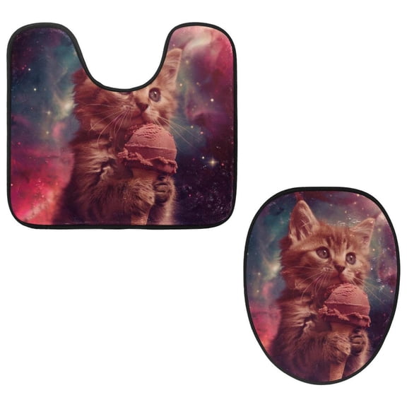 PhooArto Toilet Lid Cover and U-Shaped Toilet Floor Mat Set of 2 Pieces, Cat Ice Cream in the Galaxy Toilet Mat Set, Machine Washable Seat Covers Non-Slip Absorbent Rugs