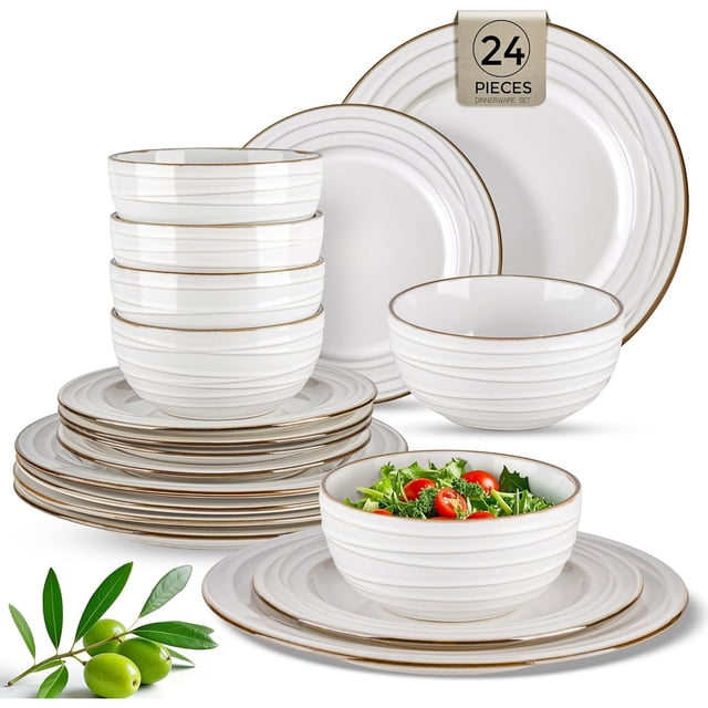 Juego de vajilla de cerámica de 24 piezas, elegantes platos y cuencos de gres en relieve, regalo de boda, inauguración de la casa, apto para lavatrastes y microondas, vajilla de 8 puestos