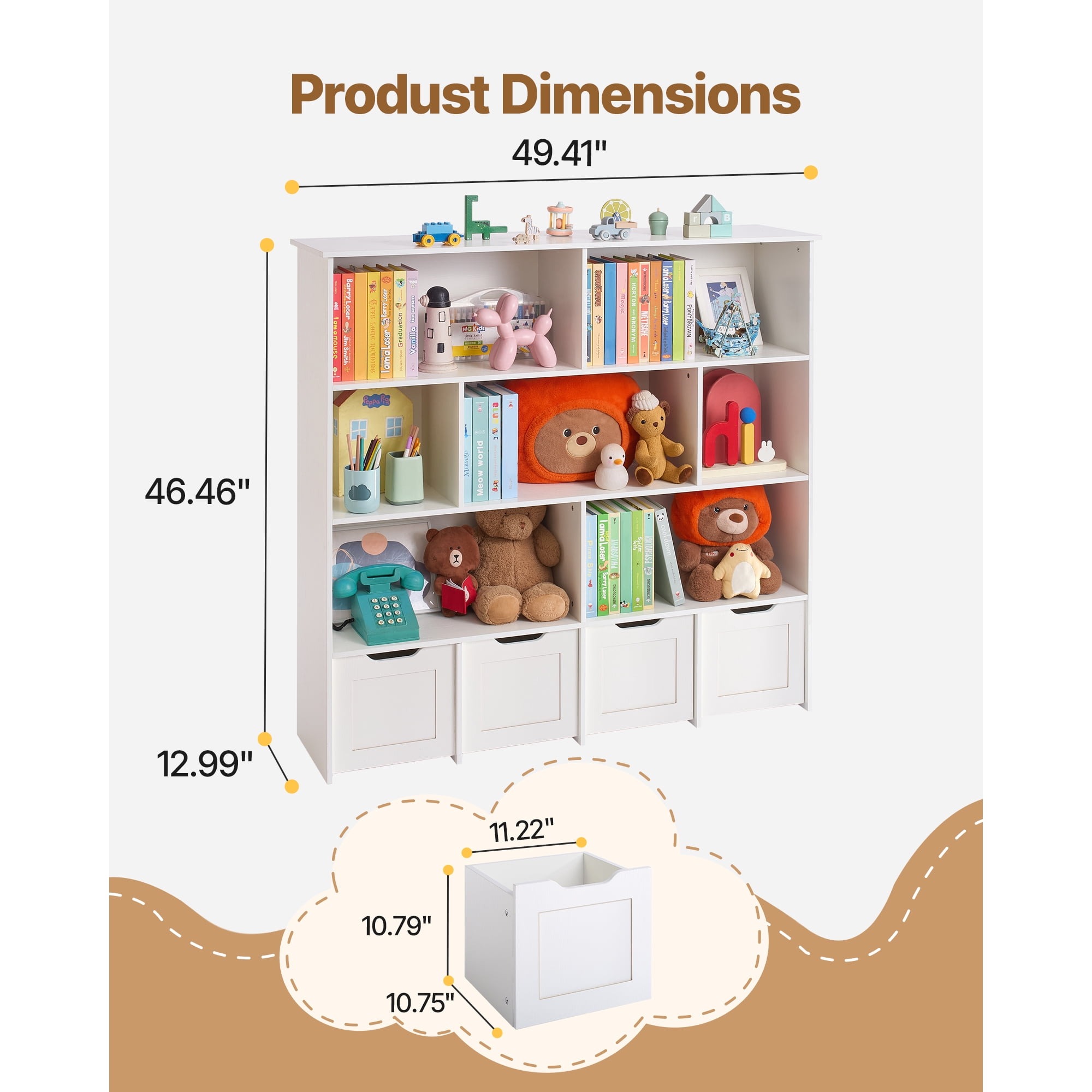 KFFKFF Wooden Kids Storage Organizer with Bookshelf, Toy Cabinet Featuring 4 Movable Drawers, Ideal for Bedroom, Nursery, Living Room, Entryway, or Preschool, White