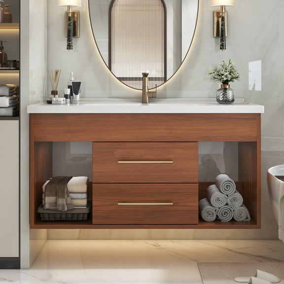35.4" Mid-Century Modern Bathroom Vanity with Integrated Ceramic Sink, Freestanding Vanity with 2 Drawers & Open Shelf, White and Walnut