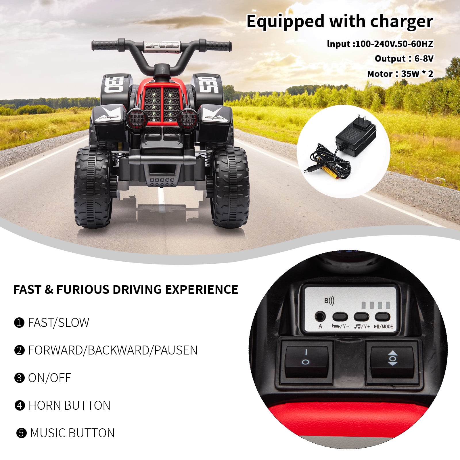 Accreate Kids Ride On ATV, 6V Ride On Car with Led Headlights, Music, Treaded Tires, Rubber Handles, Push-Button Accelerator, forward & Reverse