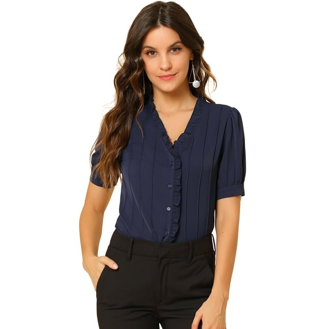 INSPIRE CHIC Women's Ruffle V Neck Puff Sleeve Blouse Button up Casual Tops