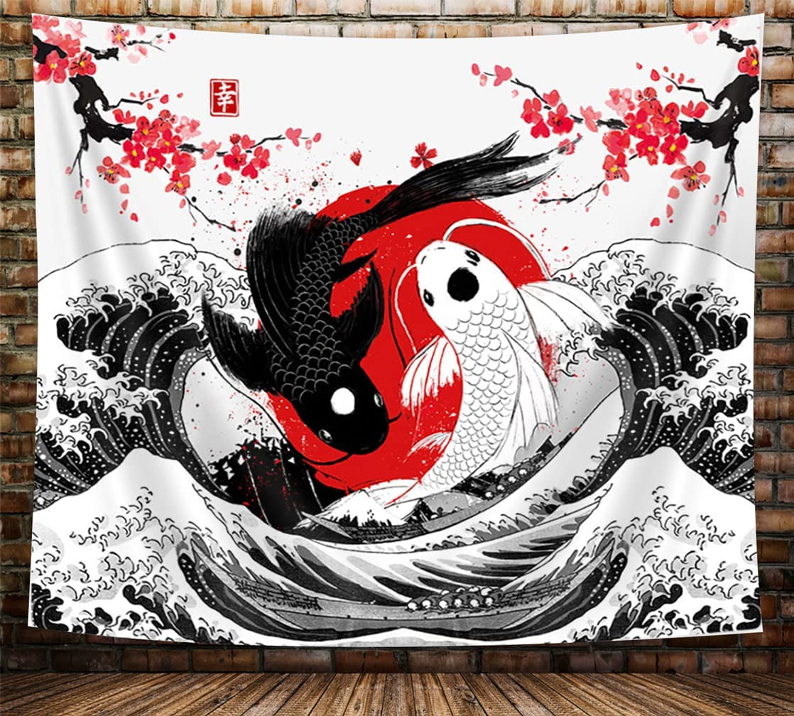 Japanese Anime Tapestry, Black and White Yin Yang Koi Fish Tapestry for  Bedroom Aesthetic, Asian Kanagawa Great Wave Cherry Blossom Tapestries  Poster Beach Blanket College Dorm Home Decor, 90X70in 
