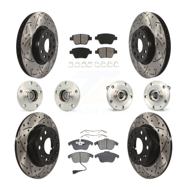 Transit Auto Front Rear Hub Bearings Assembly Coated Disc Brake Rotors and Semi-Metallic Pads Kit (10Pc) for Car 2012-2014 Volkswagen Passat - Left Right Side (Driver Passenger) KBB-110978