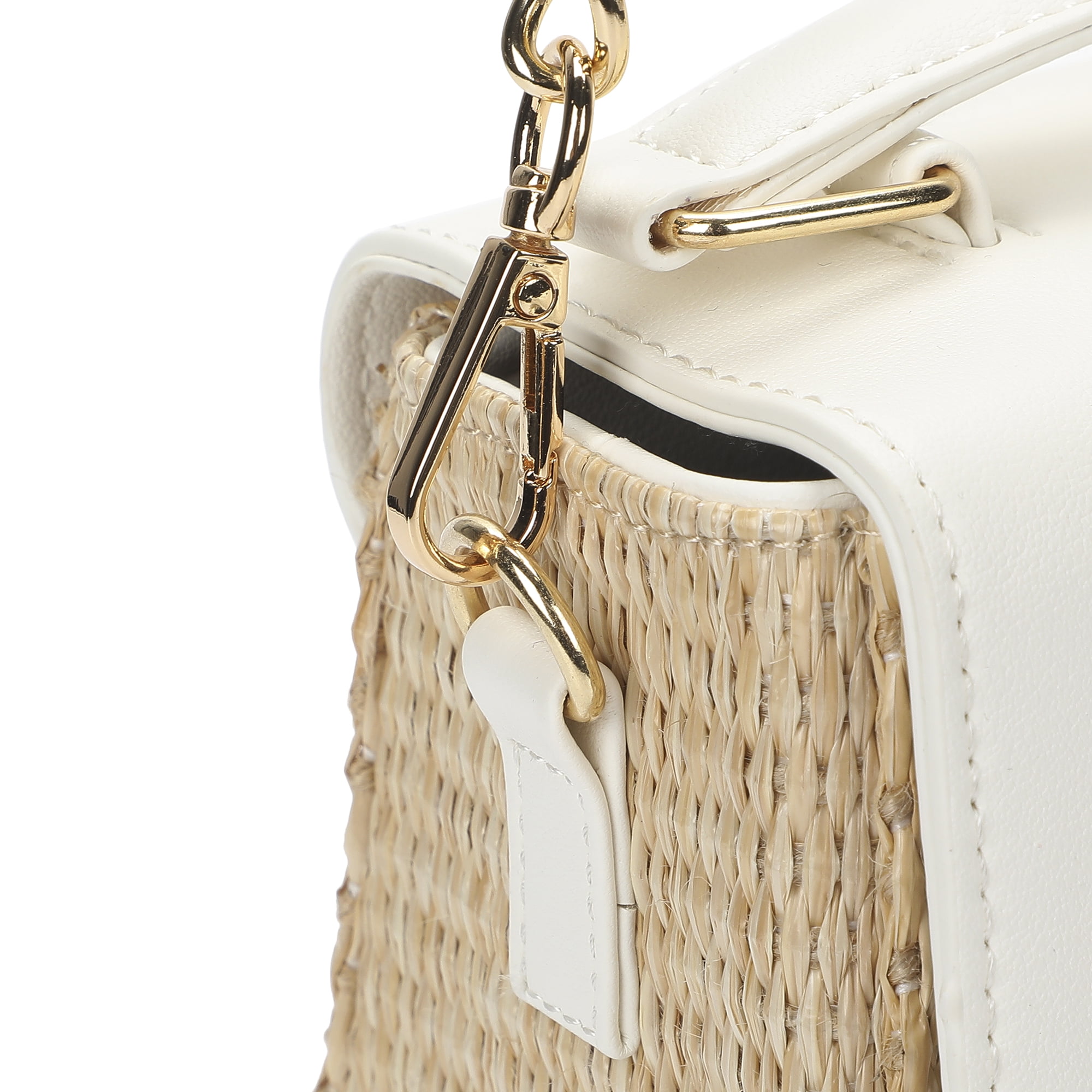 Packed Party Women's Woven Straw Crossbody Bag with Faux Leather Scallop and Chain Strap, White