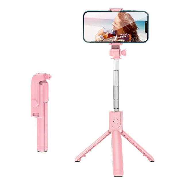 Trípode para video en vivo, palo selfie de acero inoxidable, telescópico, plegable, portátil, con control remoto, color rosa