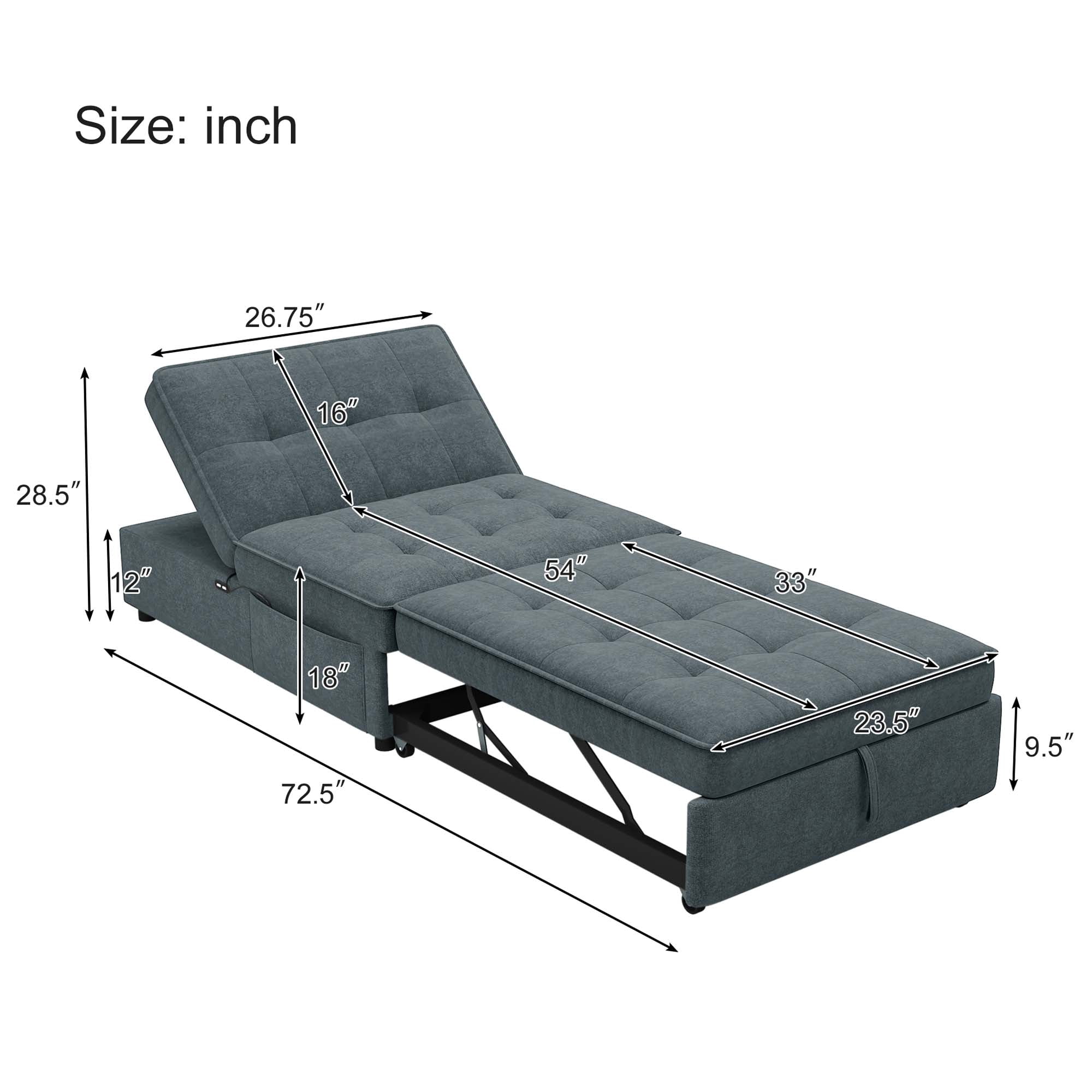 Aukfa Convertible Sleeper Sofa Chair Bed, 3-in-1 Pull Out Sleeper Chair with USB Port and Pocket for Living Room - Gray