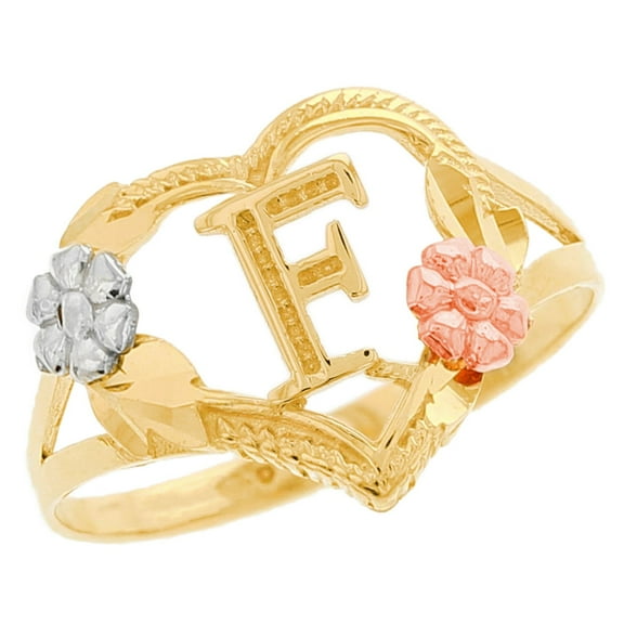 JackAni 10k Multi-Tone Gold Diamond Cut Floral Letter Initial F Heart Ring