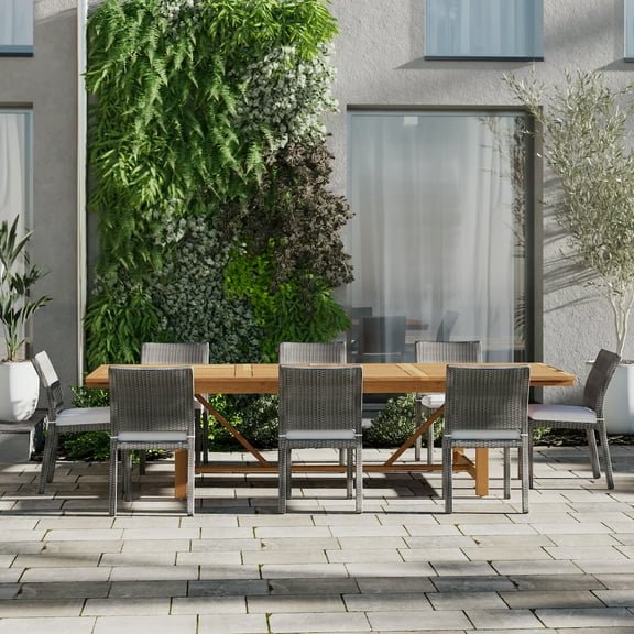 Amazonia Belfast Teak Finish 9 Pieces Extendable Rectangular Patio Dining Set