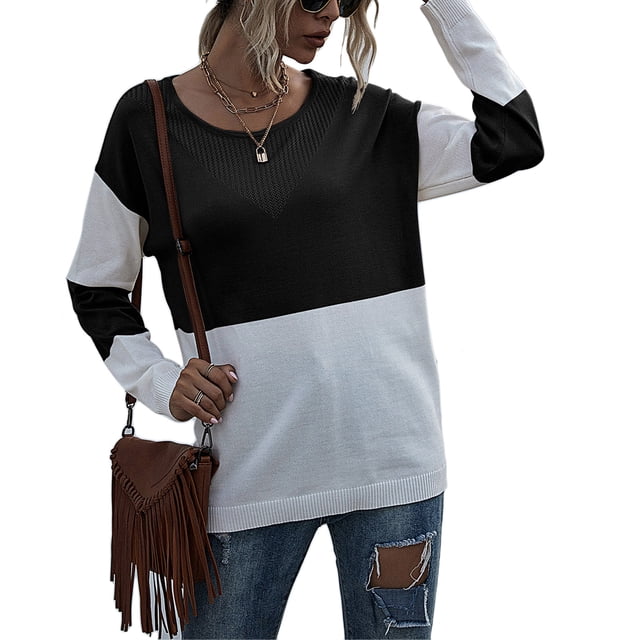 Suéter de punto holgado con cuello redondo y bloques de color para mujer: jersey informal de manga larga con costuras, negro M